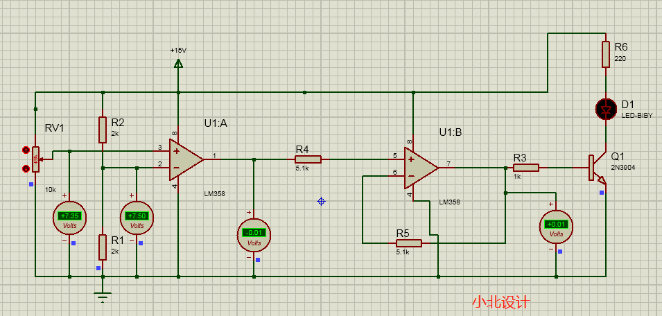 protuer中利用Lm358运算放大器的电压比较器电路图，点亮LED